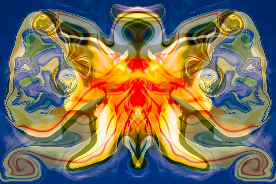 Ember Mirror, Symmetrical Orange and Blue Abstract by Omaste Witkowski