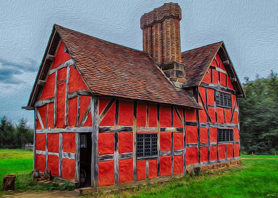 Ember Timbers - Red Half-Timbered Building with Tall Chimney by Omaste Witkowski