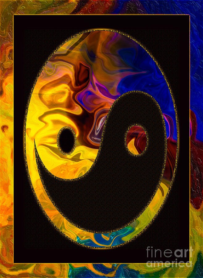 Yin Yang Window, Black Symbol Over Marbled Gold and Blue by Omaste Witkowski