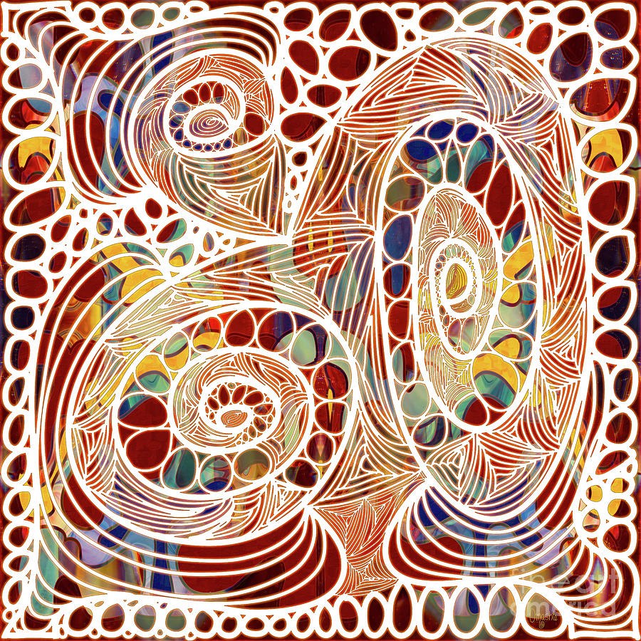 Ember Spirals, Red Abstract with White Linework by Omaste Witkowski