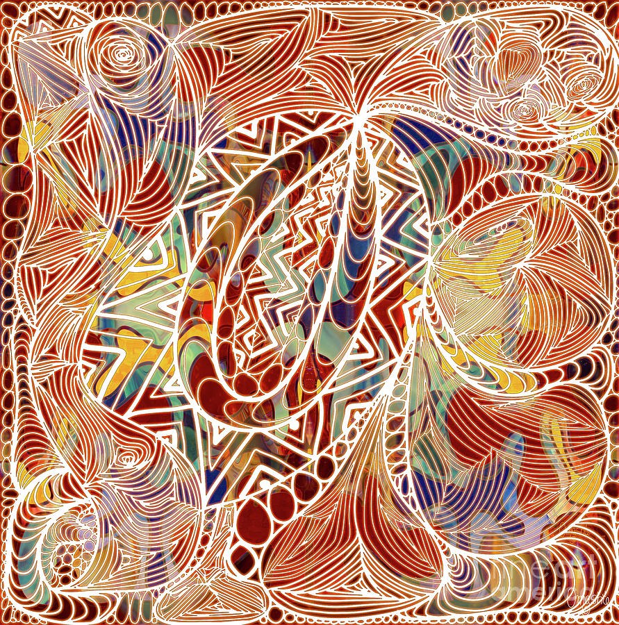 Ember Leaf: White Linework Abstract in Rust and Teal by Omaste Witkowski