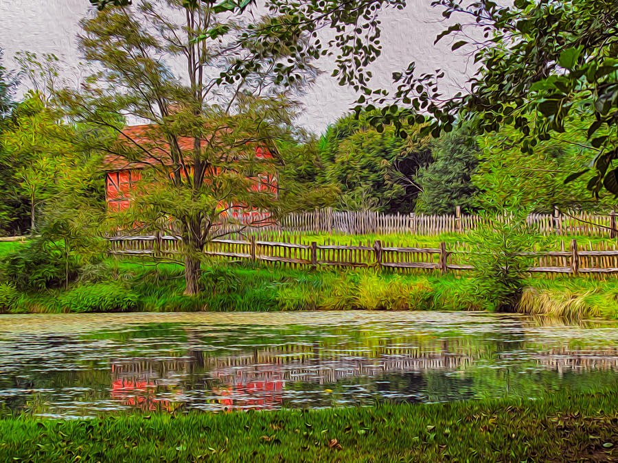 Red Among the Green: Half-Timbered Pond Reflection by Omaste Witkowski