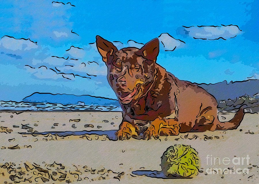 Sandy Smile, Dog and Green Ball on the Beach by Omaste Witkowski