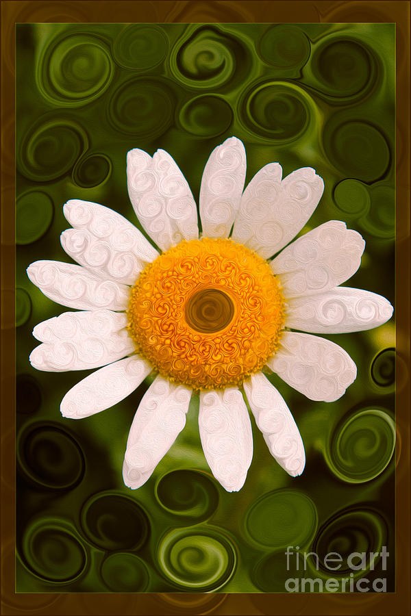 Swirl Daisy, White Flower on Green Spirals by Omaste Witkowski