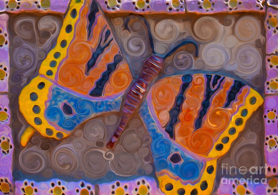 Mirror Wings, Two Orange Butterflies in a Lilac Border by Omaste Witkowski