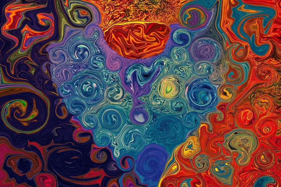 Heart of the Whirl: Teal Spirals Between Navy and Flame by Omaste Witkowski