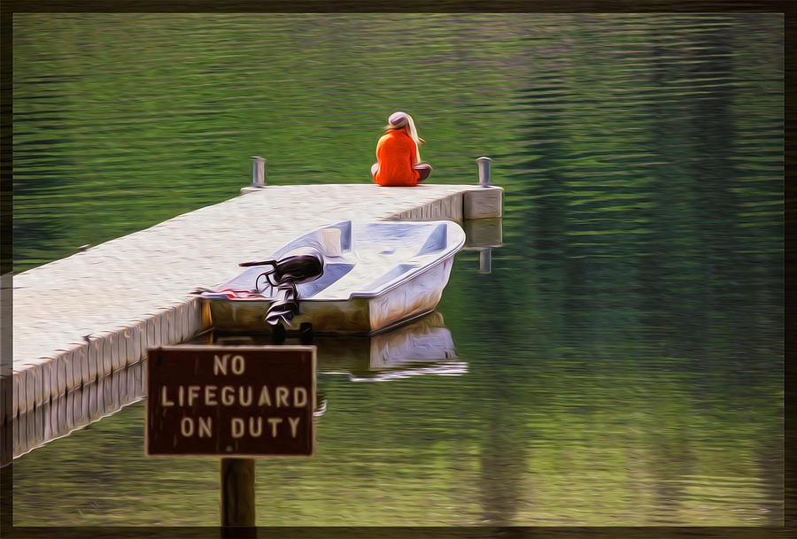 Off Duty Quiet - Orange Figure on a Green Lake Dock by Omaste Witkowski