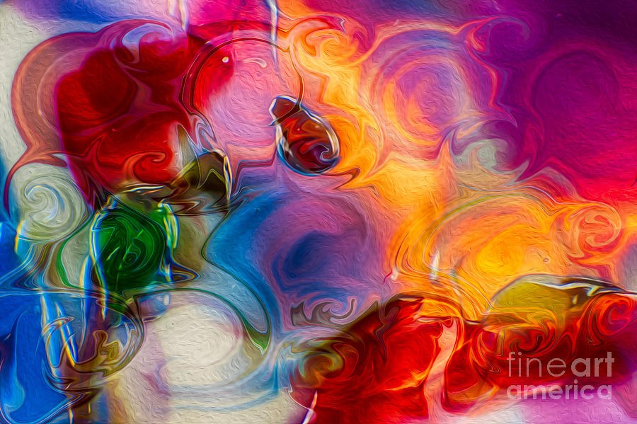 Ribbon Blaze - Glossy Swirls in Red, Gold and Blue, abstract wall art by Omaste Witkowski