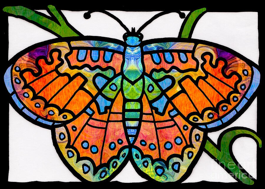 Glowing Orange Wings, Stained Glass Style Butterfly by Omaste Witkowski