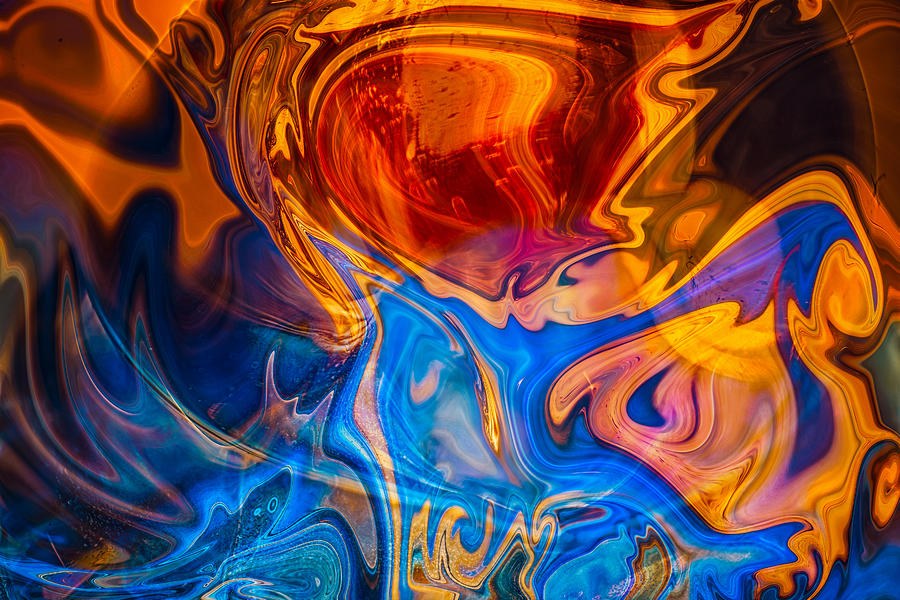 Ember Tide, Swirling Orange and Blue Abstract by Omaste Witkowski