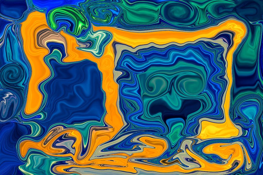 Orange Ribbon Frame, Blue Teal Marbled Abstract by Omaste Witkowski