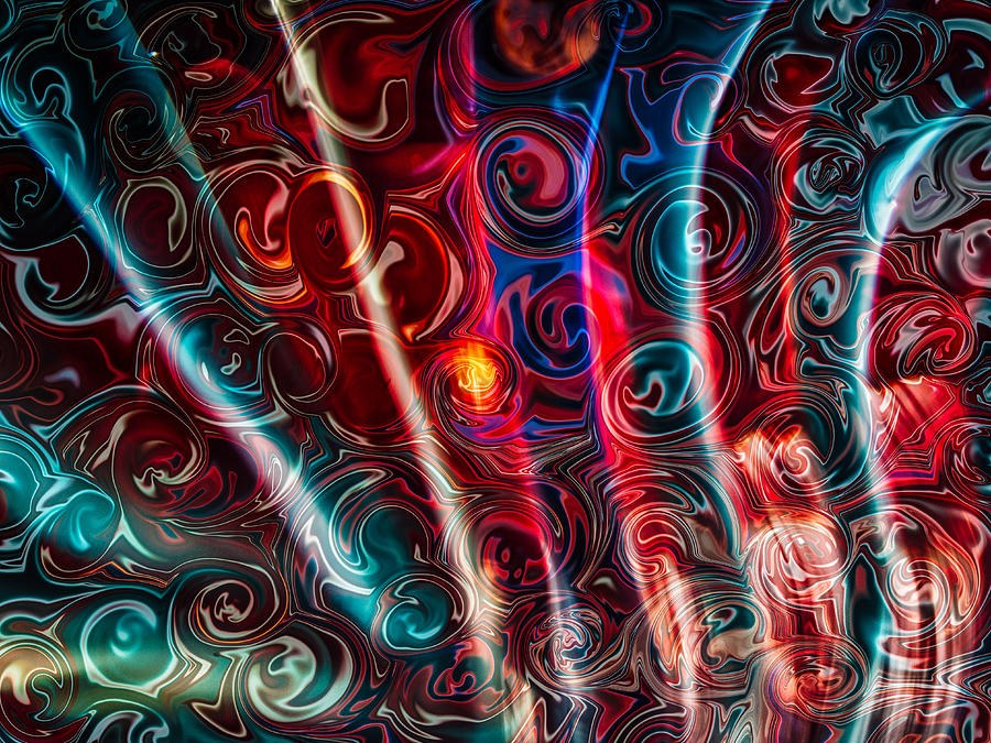Ember Whirl: Red and Teal Liquid Spirals, abstract wall art by Omaste Witkowski