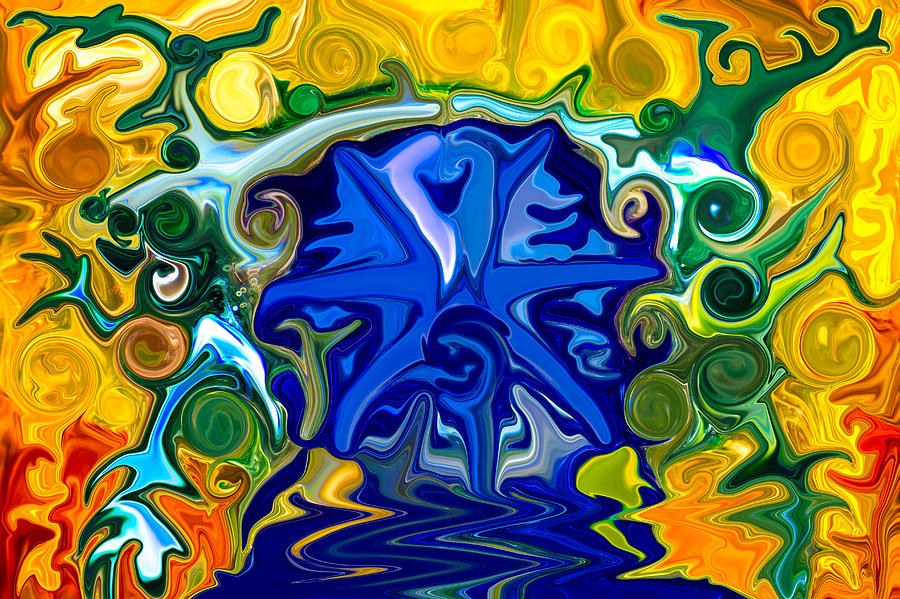 Cobalt Starbloom, Blue Abstract on Glowing Gold by Omaste Witkowski