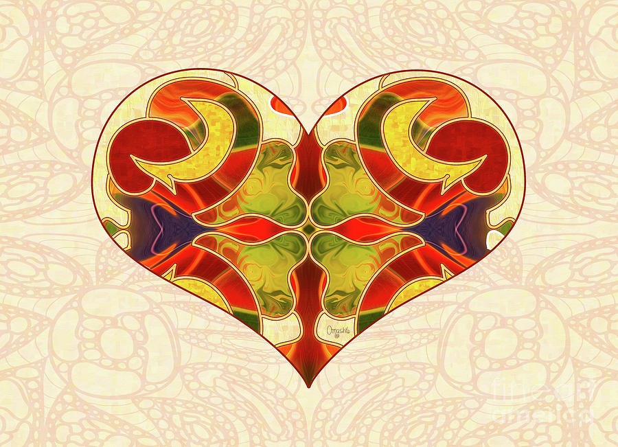 Heart of Scrolls: Symmetrical Heart in Red and Mustard by Omaste Witkowski