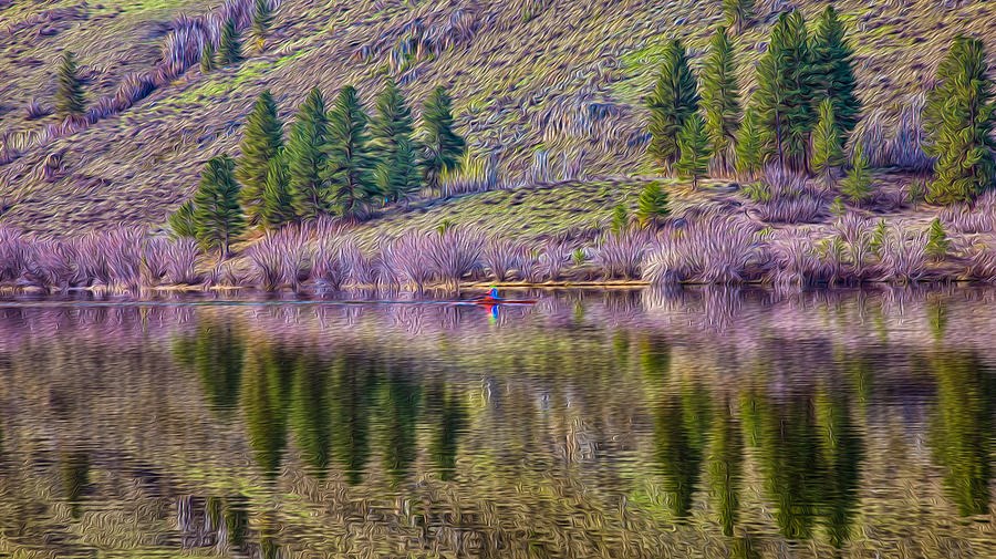 Lilac Stillness, Red Boat on a Mirrored Lake by Omaste Witkowski