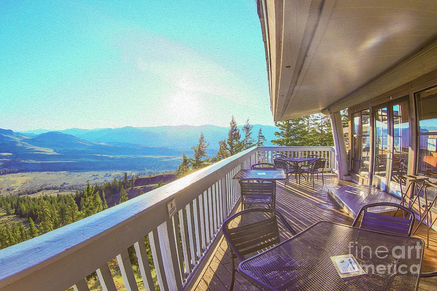 Pause at the Overlook, Sunlit Deck Above a Mountain Valley by Omaste Witkowski