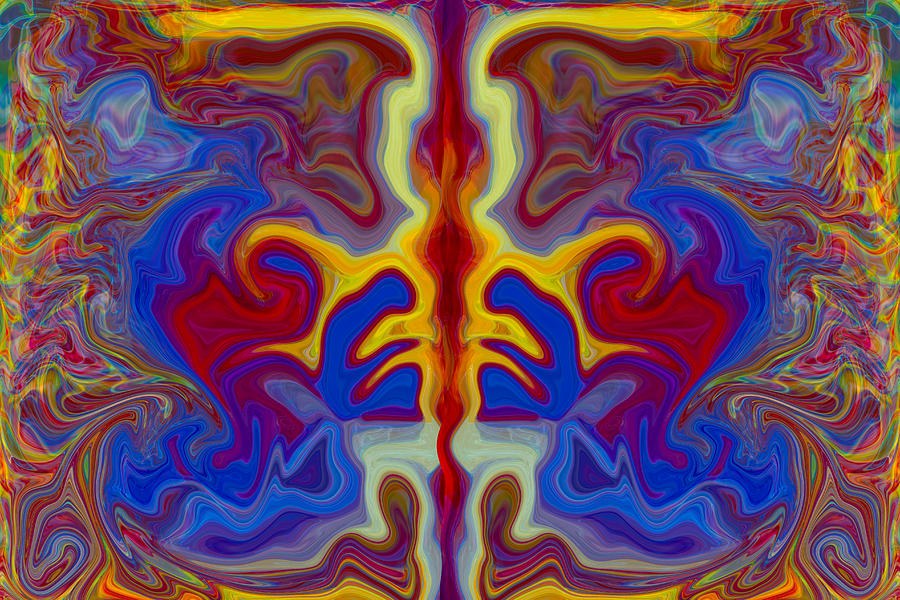 Crimson Axis - Symmetrical Blue and Gold Swirl Abstract by Omaste Witkowski