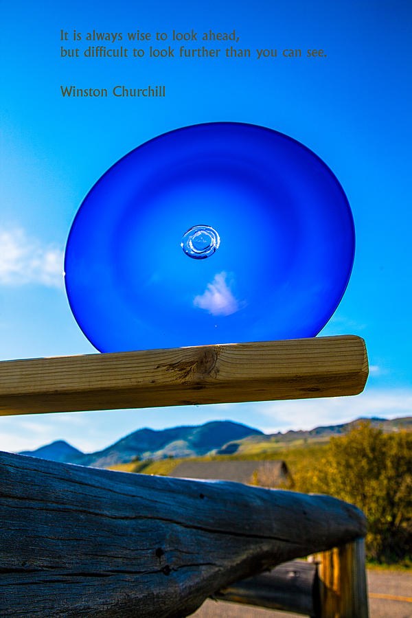 Cobalt Lookout: Blue Glass Disc on a Wooden Rail by Omaste Witkowski