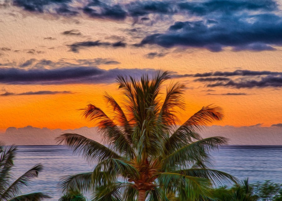 Ember Horizon, Palm Against a Storm-Blue Sunset by Omaste Witkowski