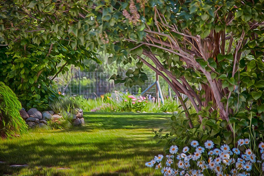 The Green Doorway - Sunlit Garden Through Leaves by Omaste Witkowski