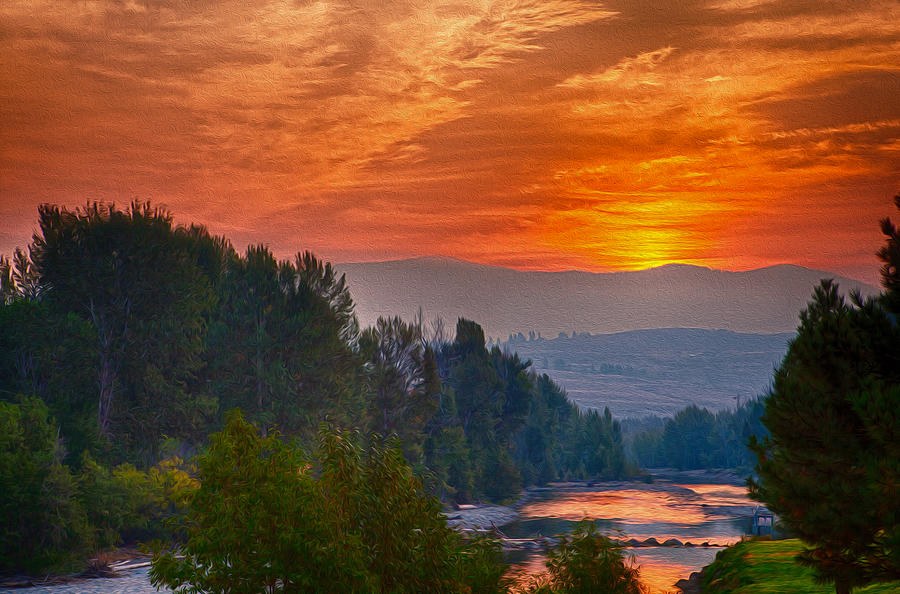 Ember Hour: Orange Sky Over a River Bend by Omaste Witkowski