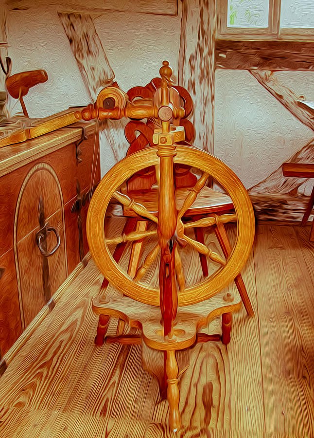 Glow of the Golden Wheel, Spinning Wheel in a Timber-Framed Room by Omaste Witkowski