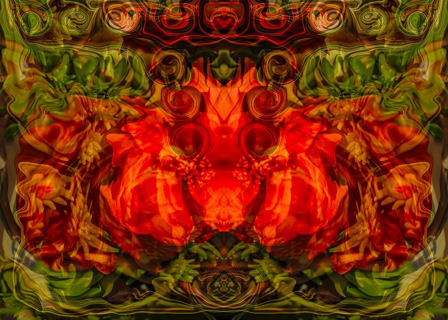 Ember Mask: Mirrored Red Floral Abstract by Omaste Witkowski