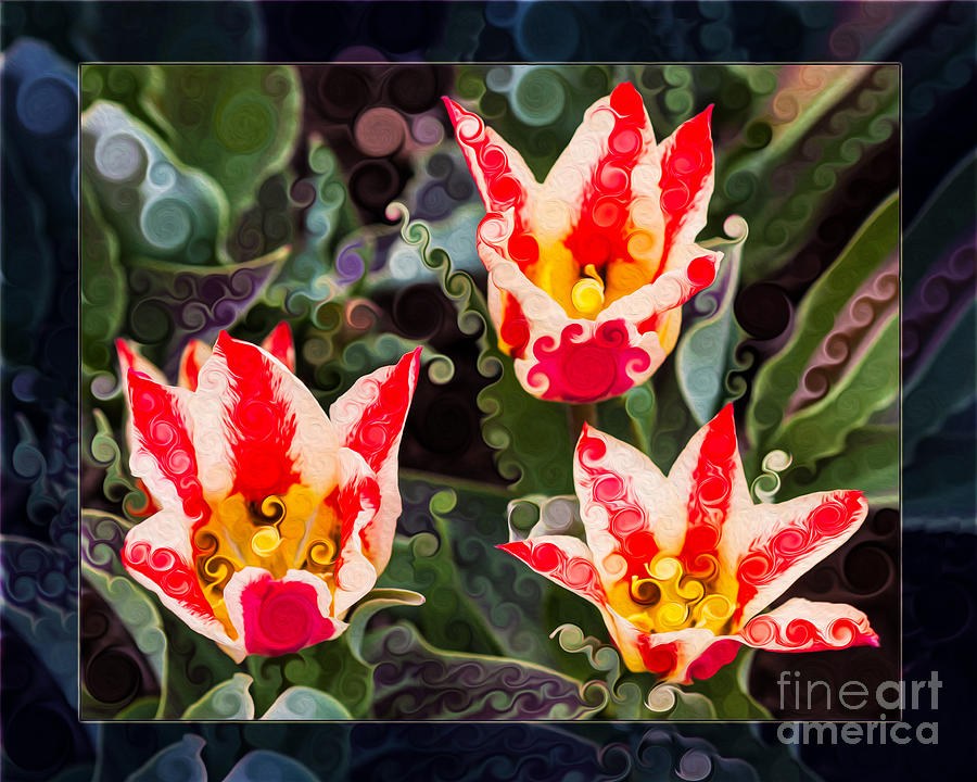 Three Striped Tulips in an Abstract Garden Painting by Omaste Witkowski