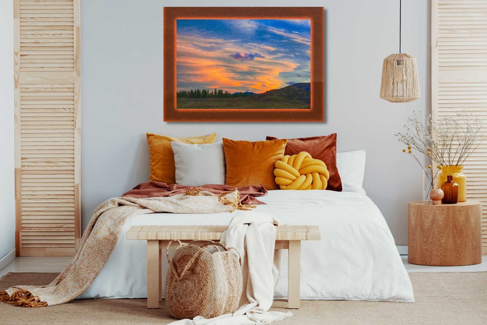 Boho Bedroom Interior Design with Landscape Art